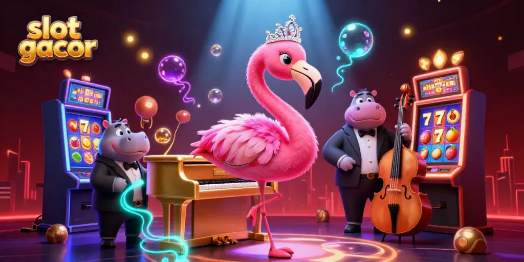 Slot gacor tampil dengan penyanyi flamingo dan hippo bassist dalam suasana kasino yang meriah.
