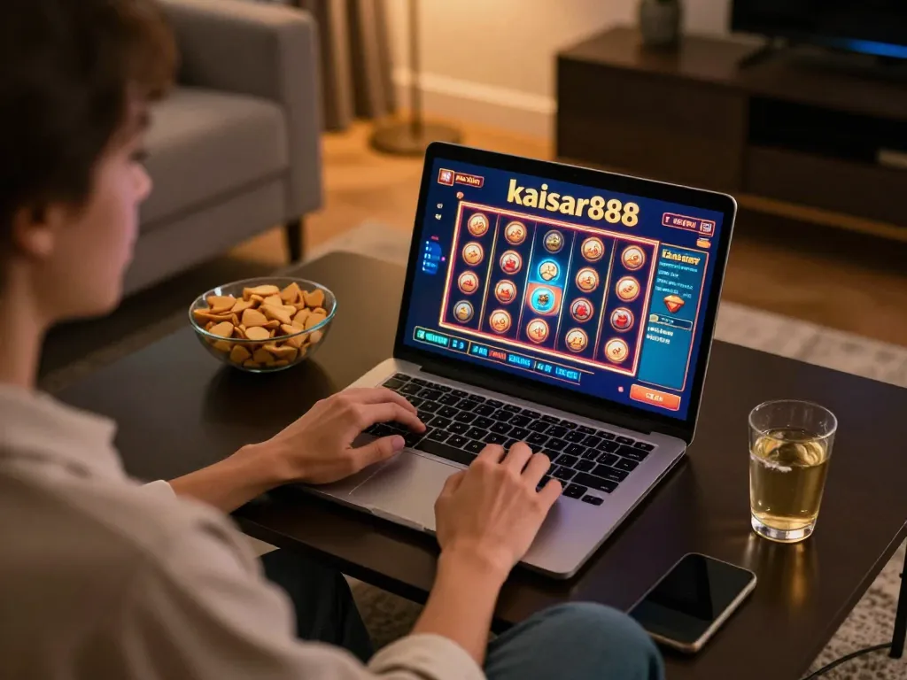 Terlibat dengan keseruan slot kaisar888 saat seorang pemain menikmati permainan online di suasana yang nyaman.
