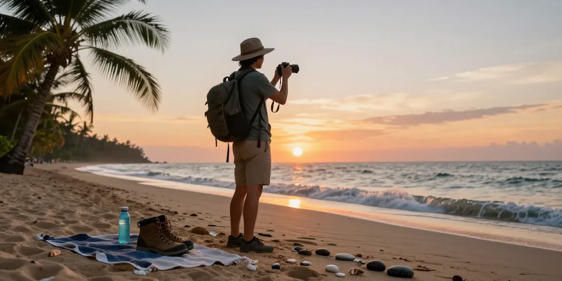 Pengembara di pantai rubahtoto saat matahari terbenam dengan tas dan kamera.