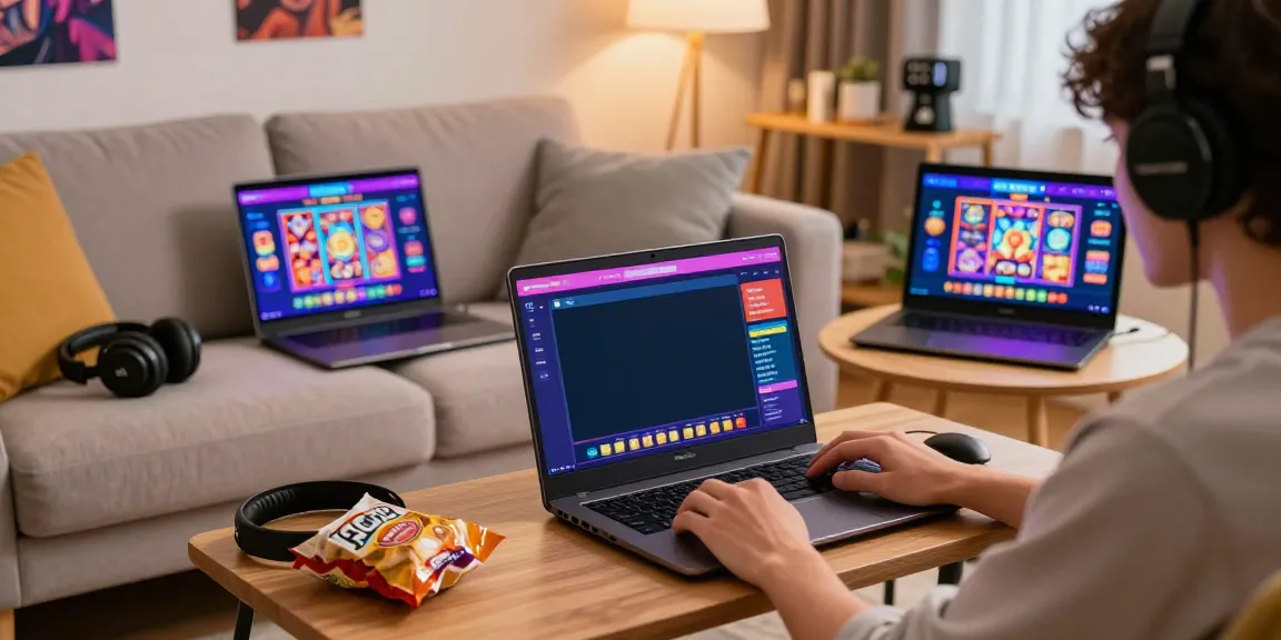 Engaging user enjoying slot gacor games on laptop at home.