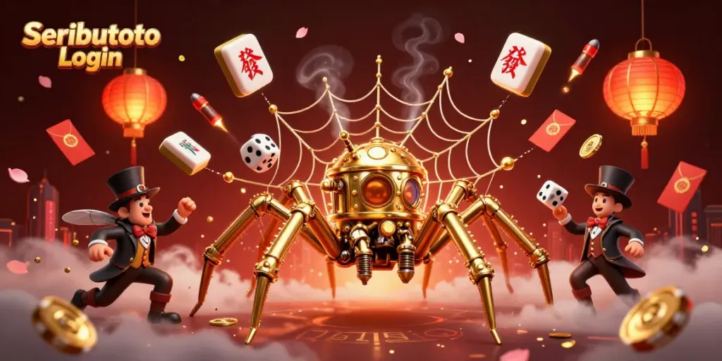 Engage in Seributoto Login with a whimsical steampunk scene, featuring a golden spider and vibrant casino elements.