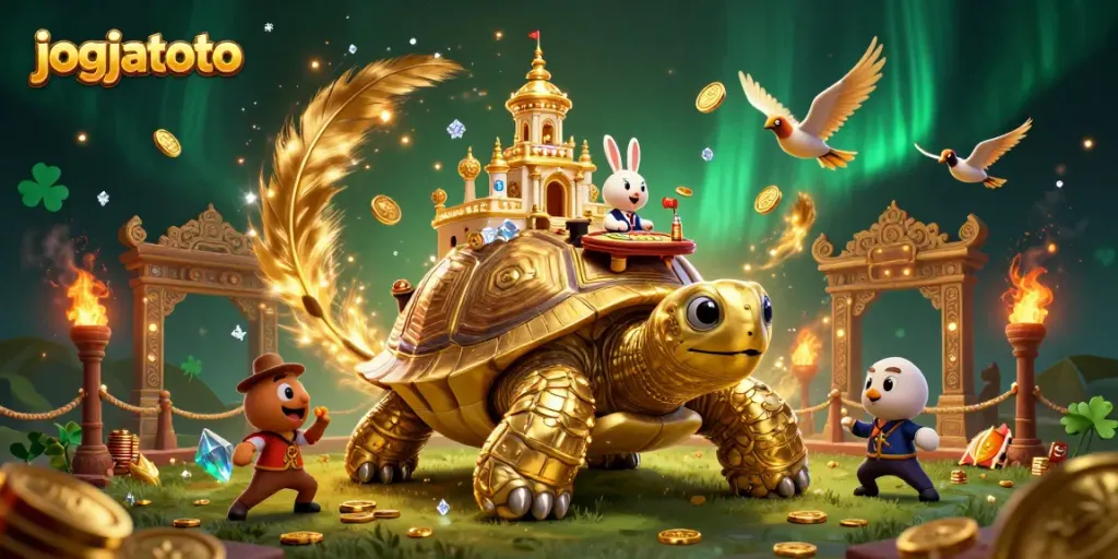Experience stunning jogjatoto action with a vibrant 3D casino scene featuring a tortoise and a rabbit dealer.