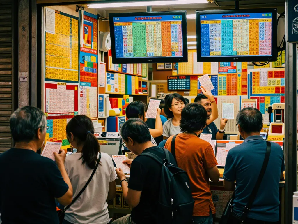 Menampilkan aktivitas di toko togel Macau dengan Data Macau 4D terbaru dan pelanggan yang bersemangat memeriksa tiket mereka.