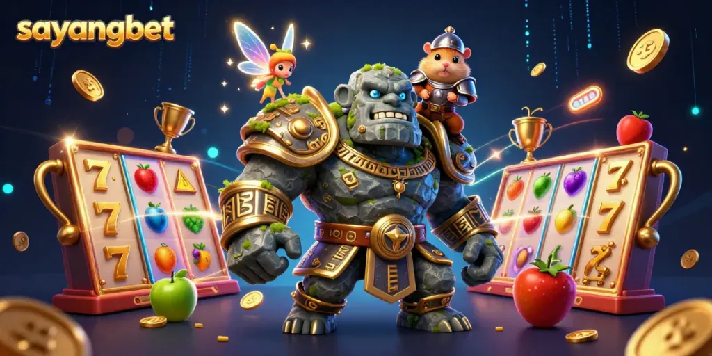 Experience vibrant slot gaming action with sayangbet's magical golem and companions in this dynamic illustration.