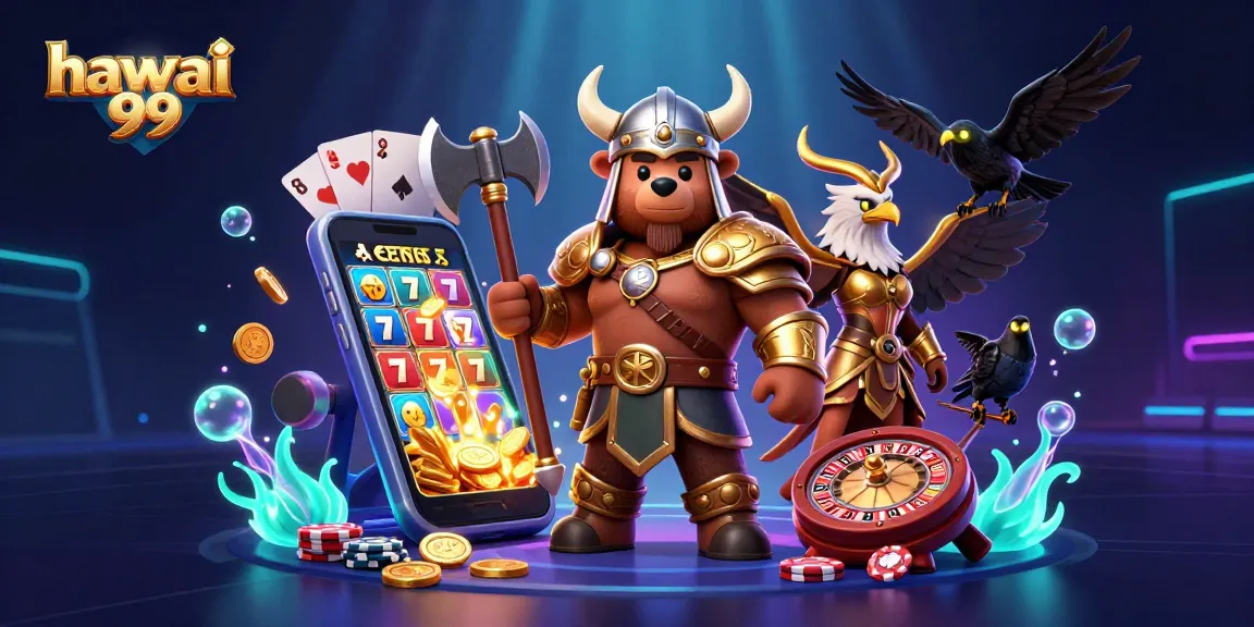 Activate fun at hawai 99 with a vibrant 3D casino scene showcasing a Viking bear and Valkyrie eagle among thrilling slot games.