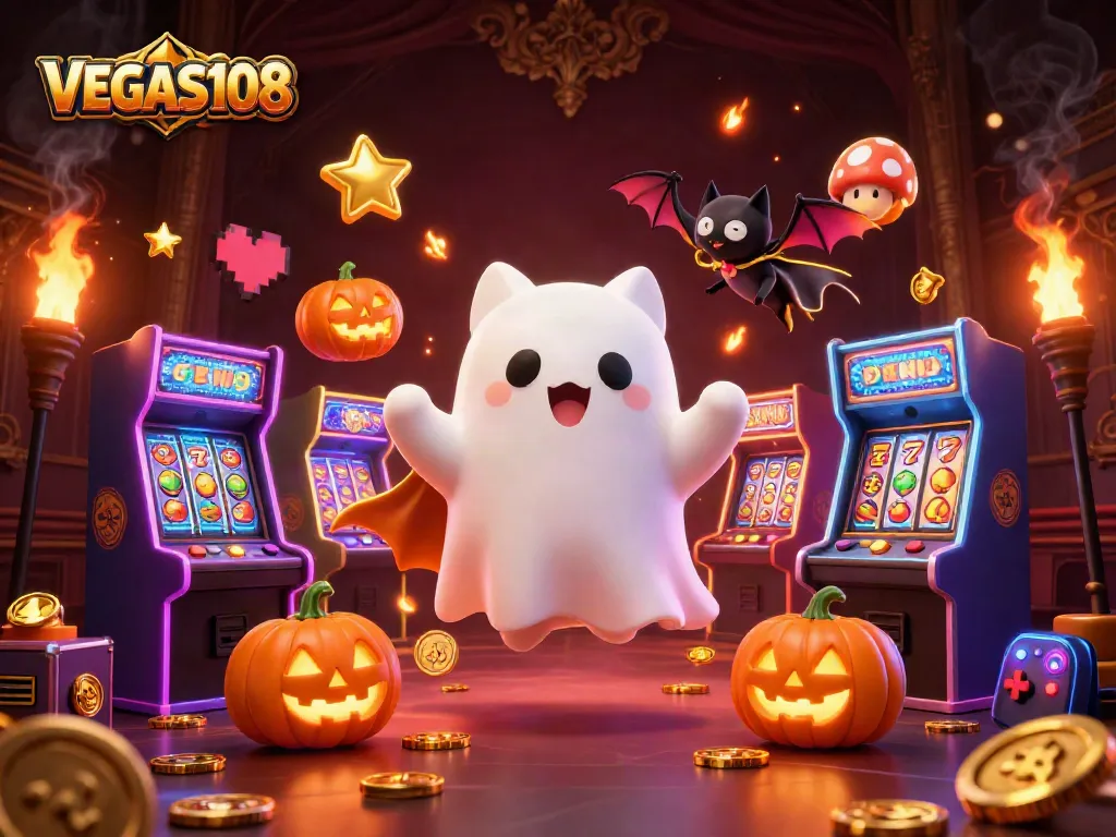 Experience VEGAS108 with a ghost cat and bat in a haunted casino, vibrant slots elements.
