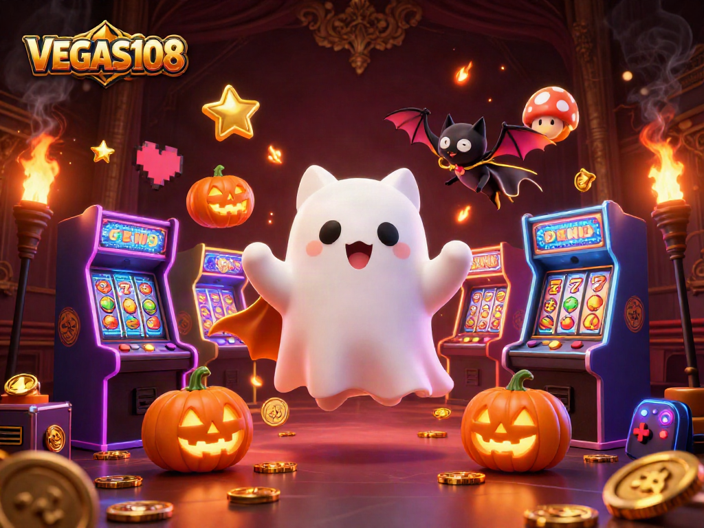 Experience VEGAS108 with a ghost cat and bat in a haunted casino, vibrant slots elements.