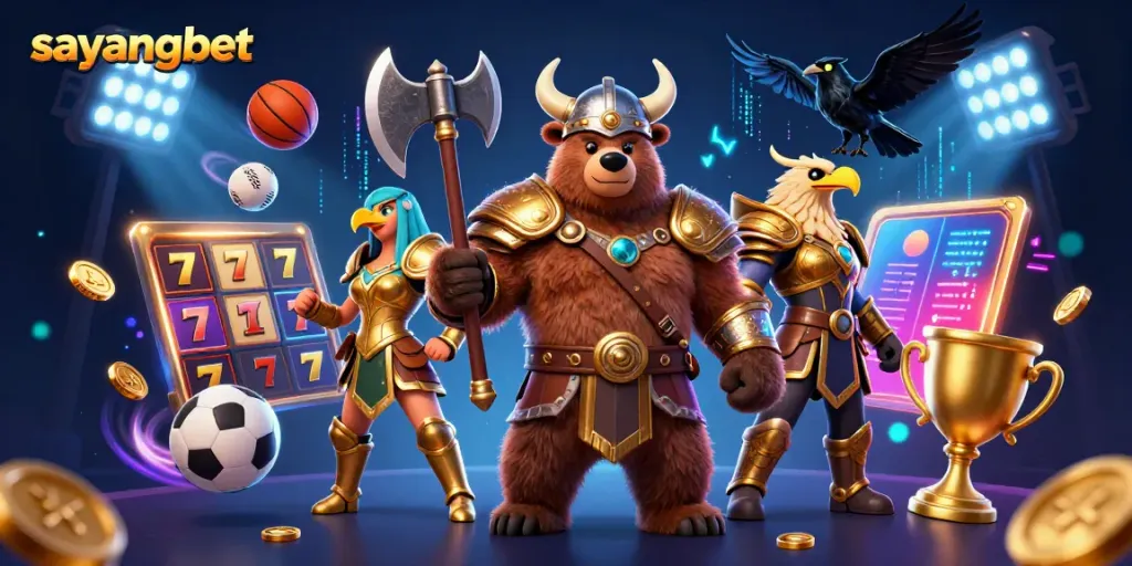Engaging visual of sayangbet featuring a Viking bear and Valkyrie eagle amidst dynamic gambling elements.