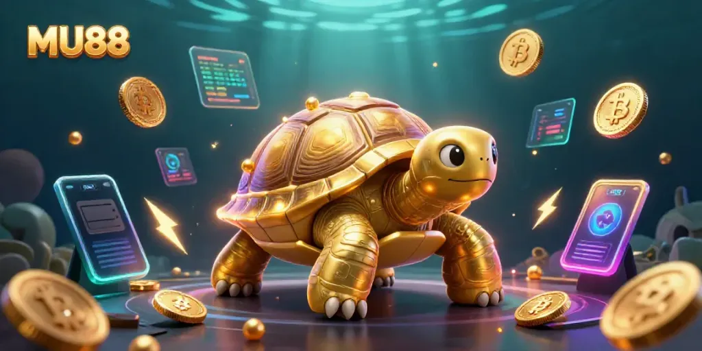 Engage with MU88 through a vibrant scene of a golden tortoise pinball machine amidst dynamic crypto elements.