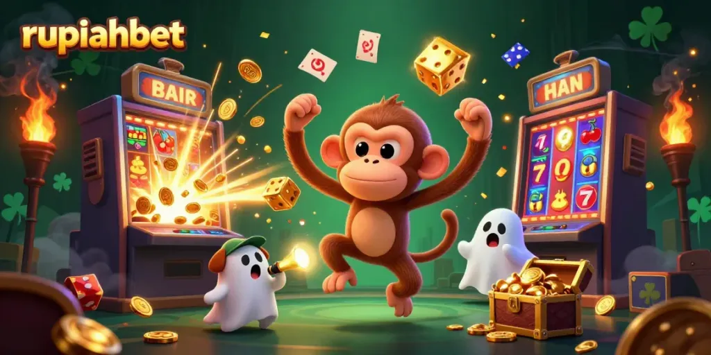 Experience excitement at Rupiahbet's haunted casino with playful ghostly characters and dynamic gaming elements.