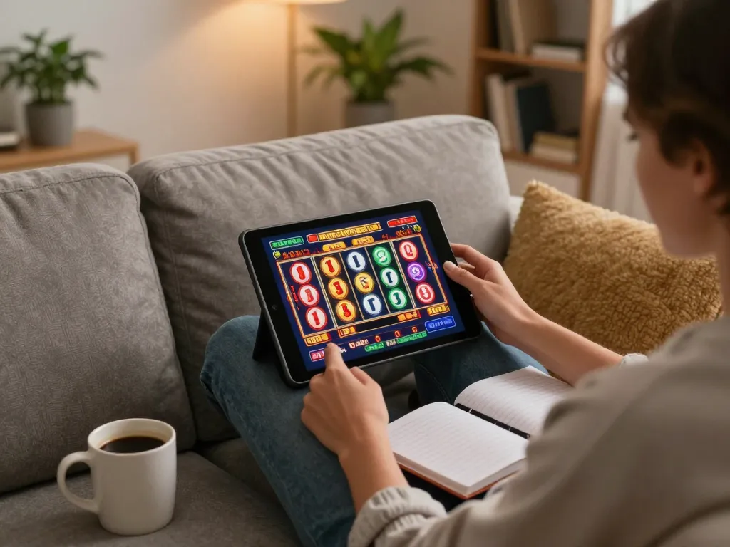 Pemain menikmati permainan slot di tablet, menyambut tawaran bonusnewmember di rumah sambil berlatih permainan yang bertanggung jawab.