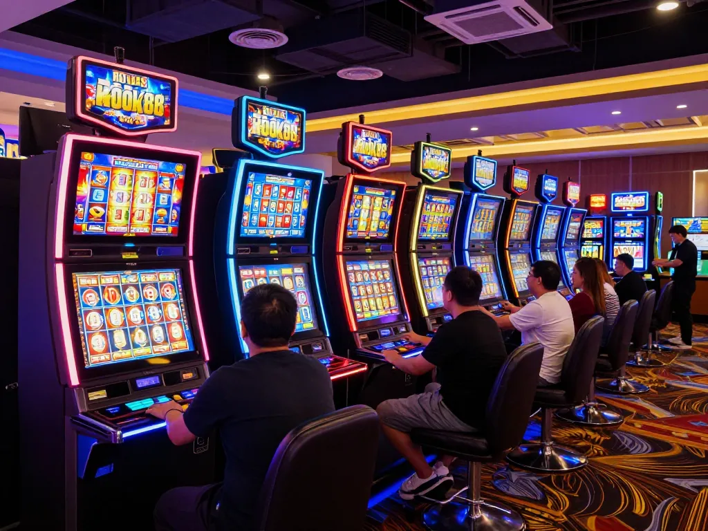 Engaged players experiencing thrilling rokok88 slot wins in a vibrant casino atmosphere.