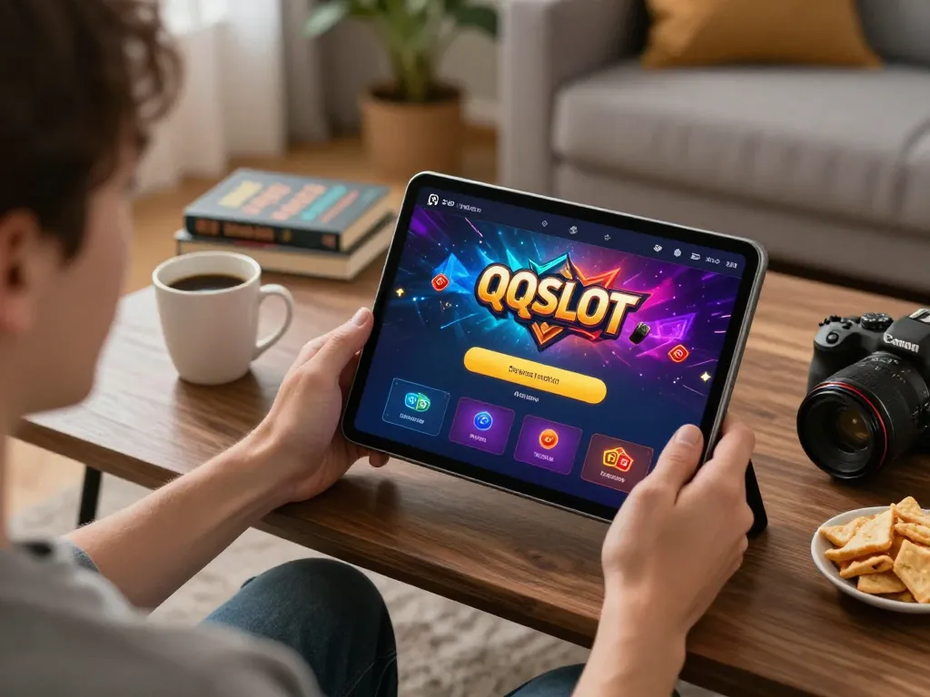Berinteraksi dengan login QQSLOT resmi di tablet dalam suasana rumah yang nyaman, menampilkan strategi perjudian online.