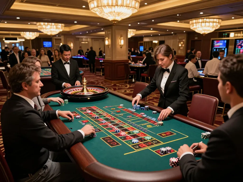 Rokok88 players engaging with the exciting roulette wheel in a luxurious casino setting.