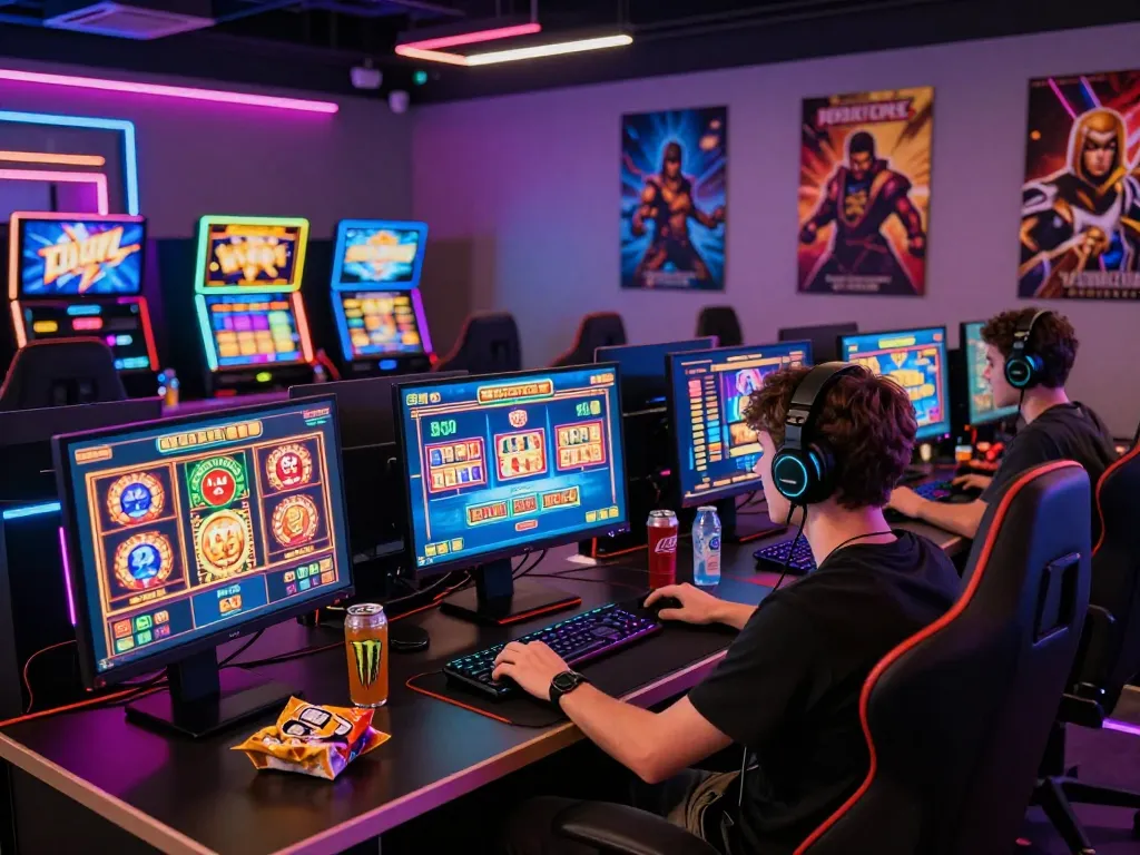 Atmosfer permainan imersif di slot online Virus88, pemain terlibat dengan layar berwarna-warni.