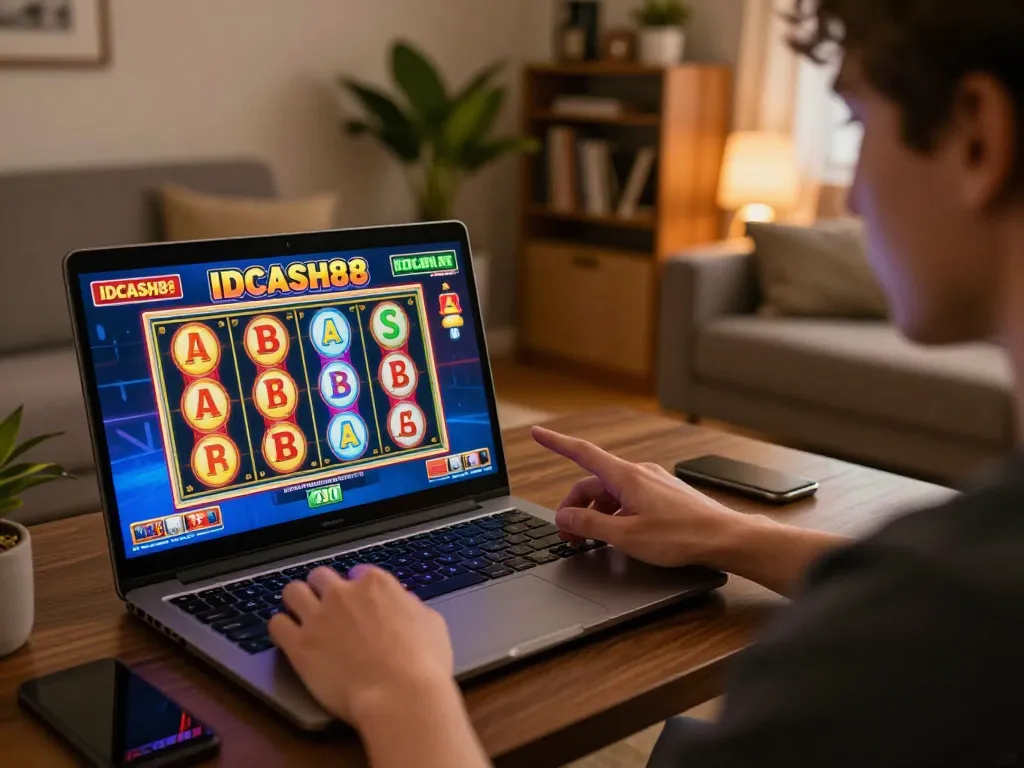 IDCASH88 interactive online slot gameplay displayed on a laptop in a cozy living room setting
