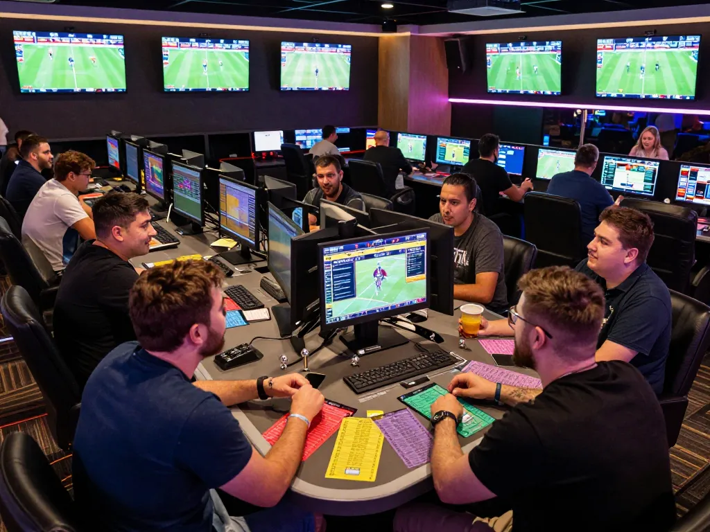 PHPVIP bettors placing wagers in a vibrant sportsbook filled with live events and screens.