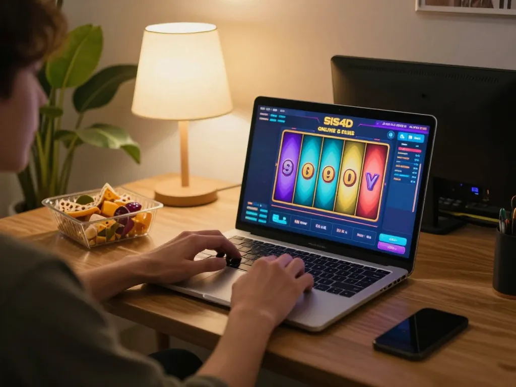 SIS4D player enjoying online slots on laptop in a cozy home setting