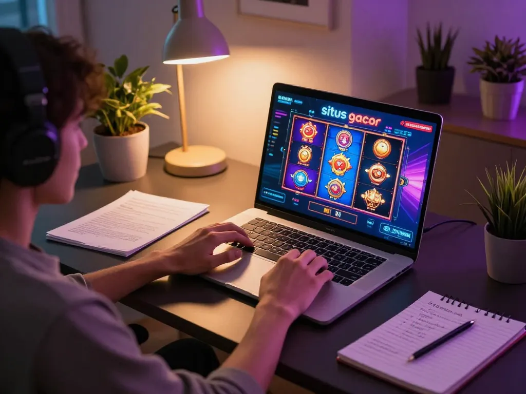 Player engaging in situs gacor games on a laptop, showcasing strategic betting in a cozy home setting.