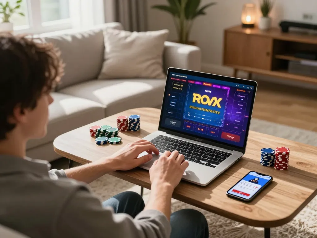 23WIN online player enjoying a live dealer game on a laptop in a cozy home setting