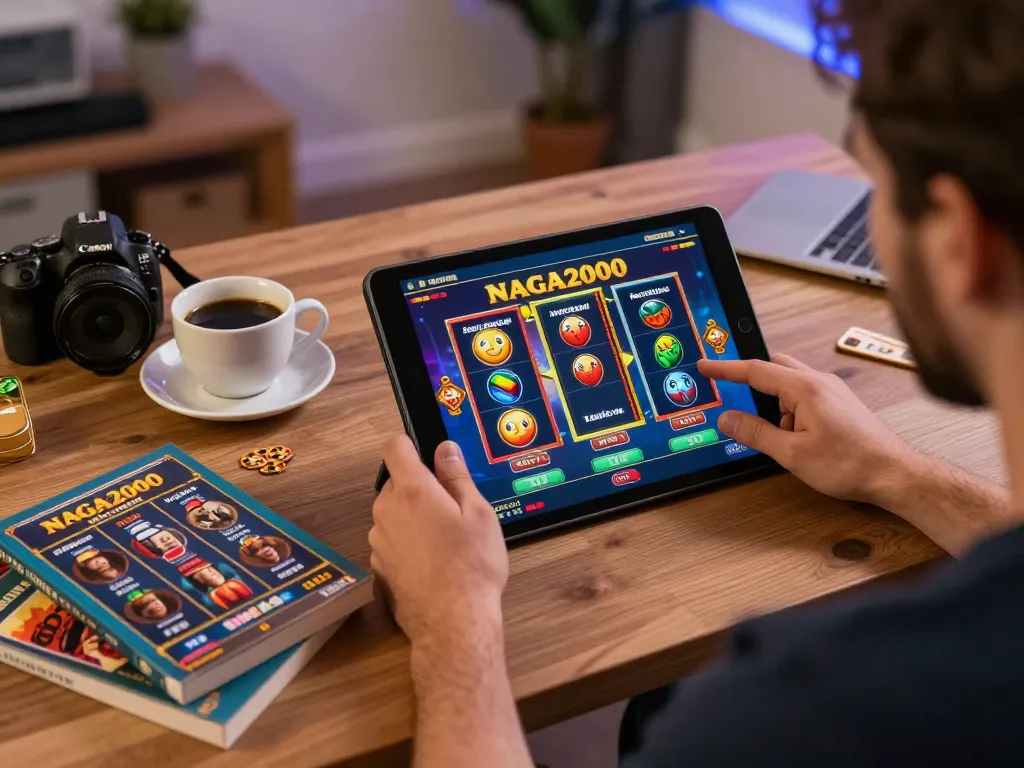 NAGA2000 player's engaging online gaming session at home, with tablet displaying live poker and slots