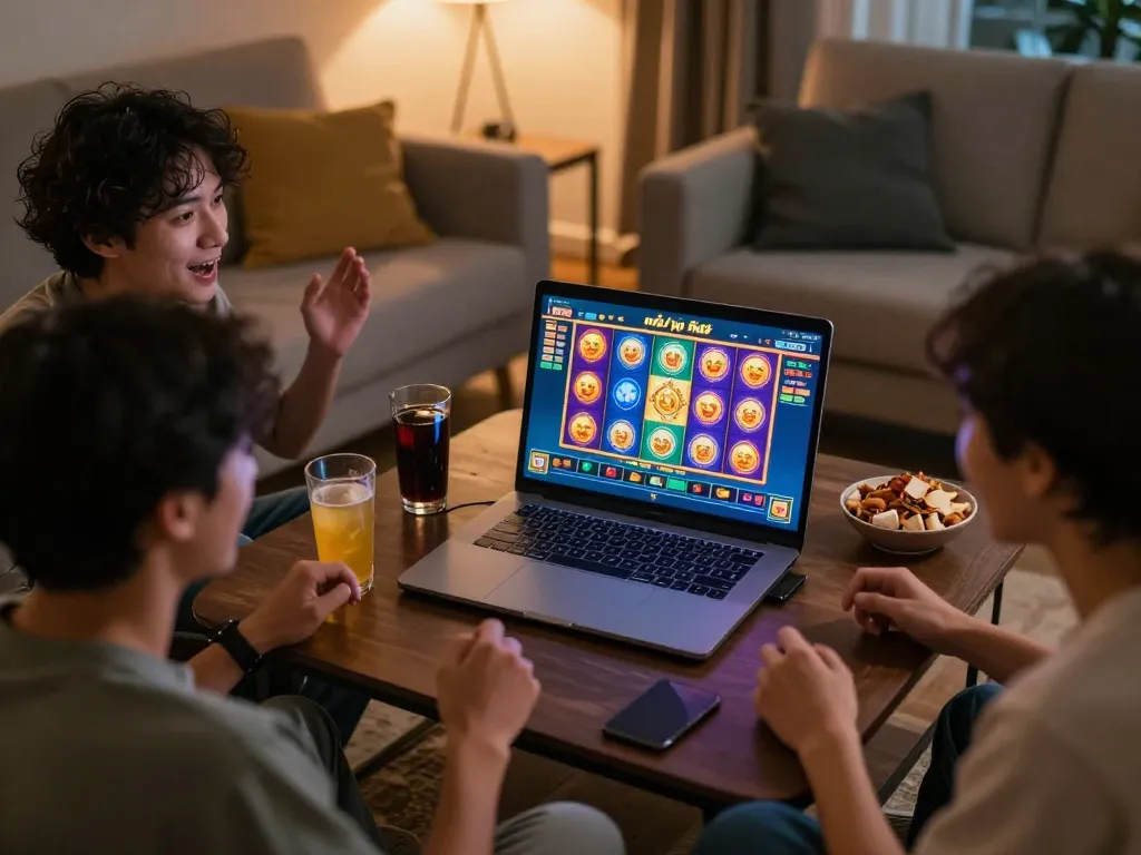 Engaging in game nổ hũ while enjoying snacks and drinks in a cozy home setting.