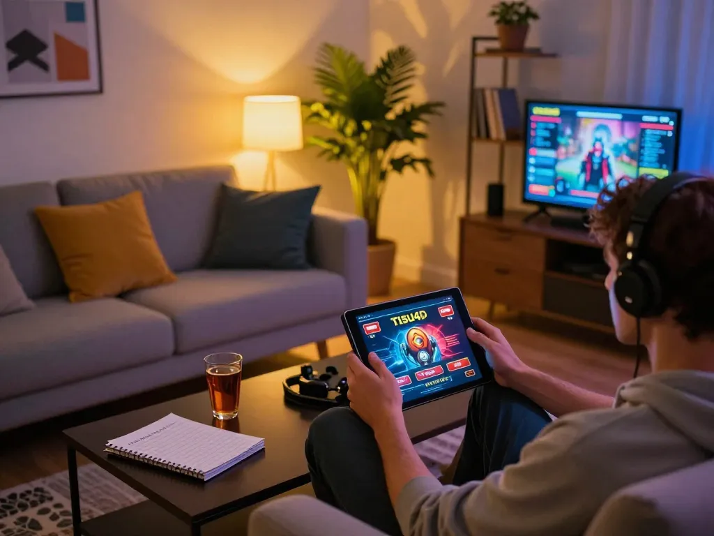 Orang yang menikmati permainan kasino online Tisu4D di tablet di ruang tamu yang nyaman.