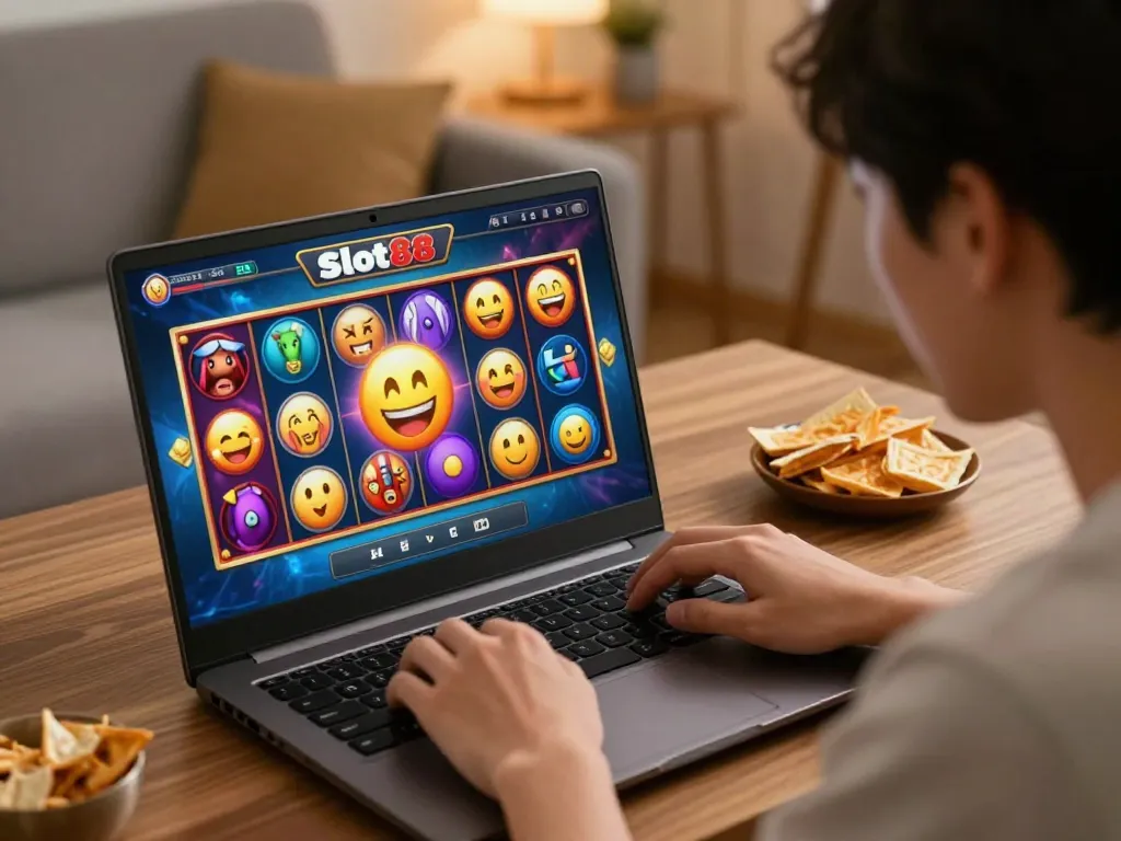 Engaging player enjoying slot88 game action on laptop with vibrant graphics and cozy atmosphere.