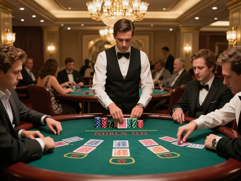 LIGA2000 blackjack game scene with an intense focus on players and dealer in a luxurious casino setting.