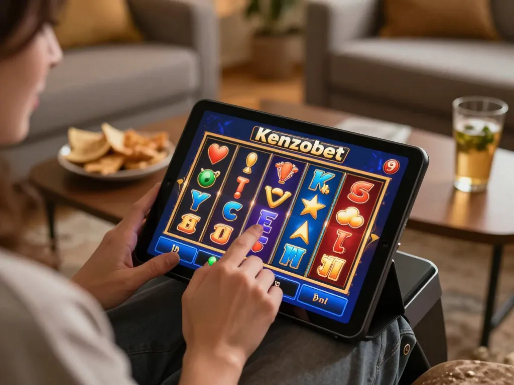 Kenzobet online slot game in action on a tablet, showcasing vibrant reels and thrilling gameplay.