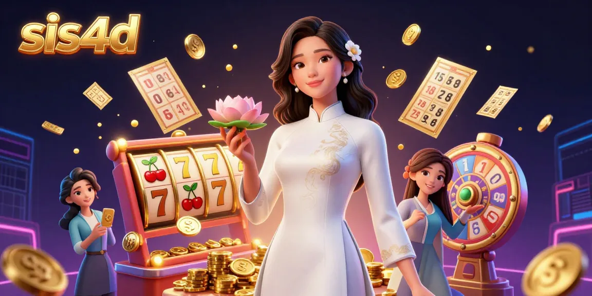 SIS4D menampilkan wanita Asia yang elegan di tengah elemen permainan slot yang cerah, merayakan peluang menang.
