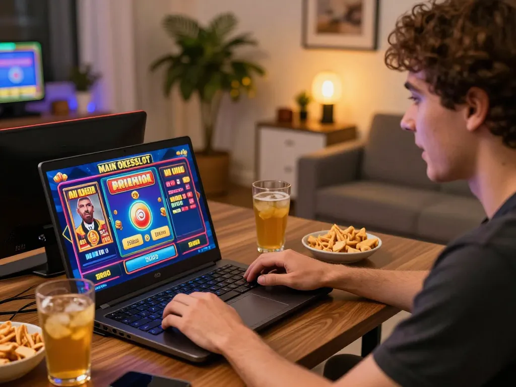 Main OKESlot Deposit Qris Tanpa Potongan dinikmati dalam pengaturan permainan rumah yang hidup dengan tampilan slot yang berwarna-warni