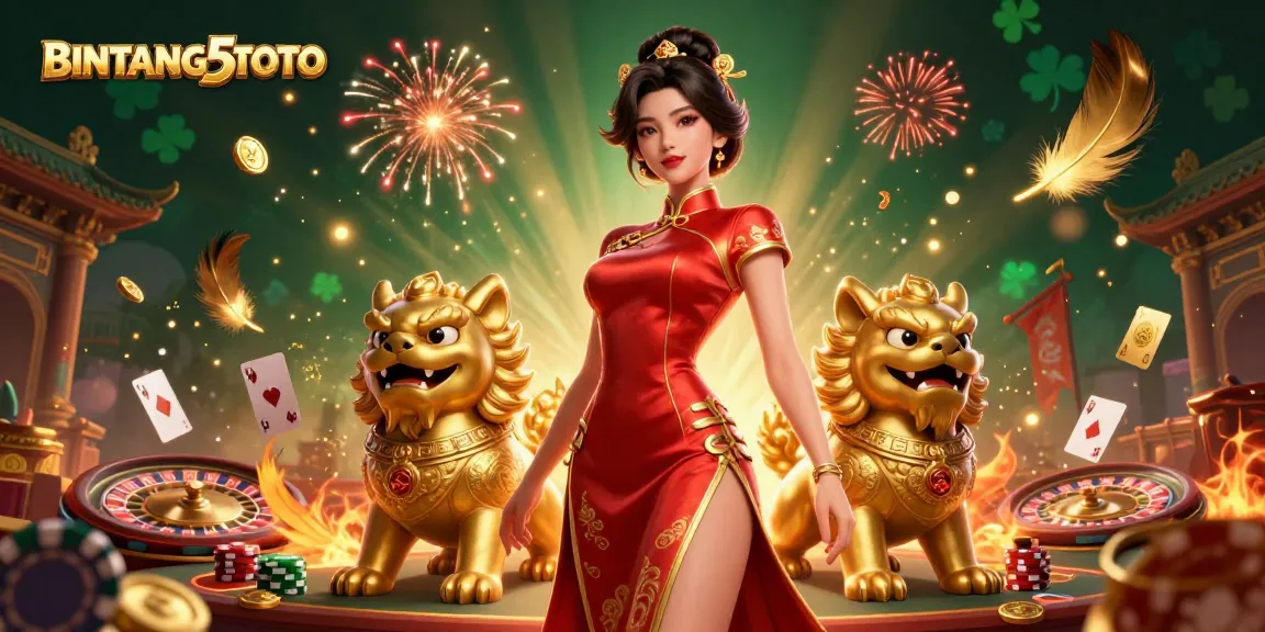 BINTANG5TOTO showcases a glamorous scene of gaming excitement with a stylish Asian woman amidst vibrant casino elements.