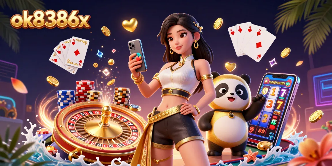 Play exciting games at ok8386x with a vibrant casino scene showcasing slots and table games.