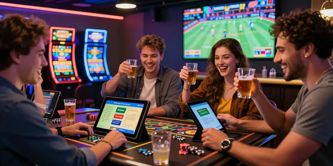 Freunde genießen einen aufregenden Spielabend in einem Paysafe Card Casino mit lebhaften Spielautomaten und festlicher Atmosphäre.