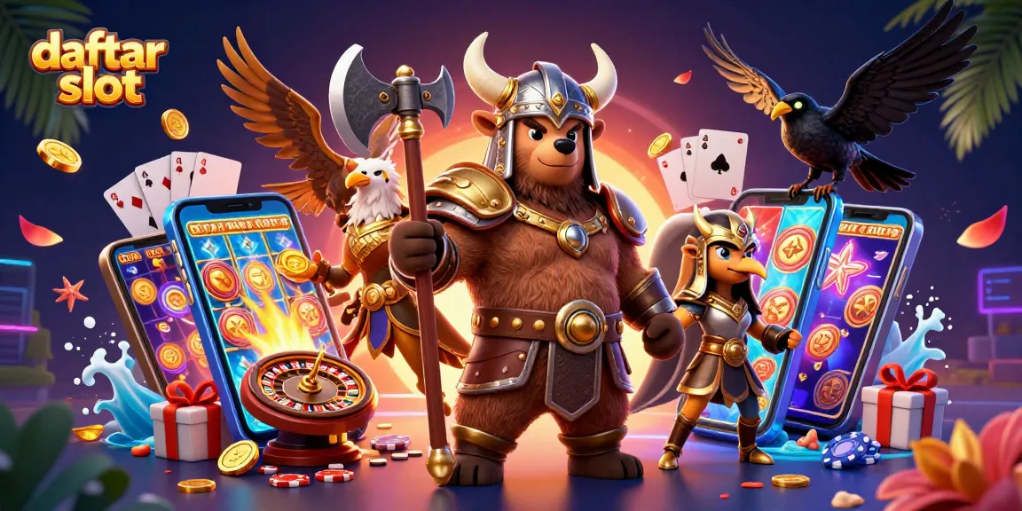 Experience the thrill of daftar slot with a vibrant 3D casino illustration showcasing dynamic characters and game elements.