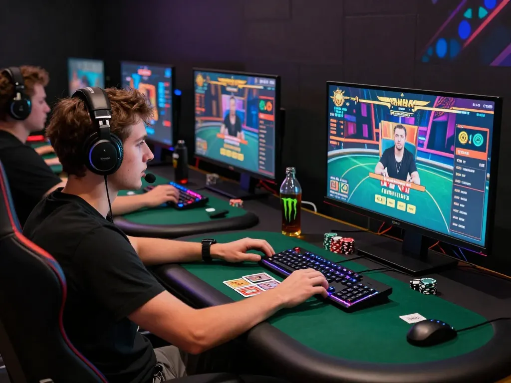 Engaged gamer playing MM88 online poker with vibrant screens and competitive atmosphere.