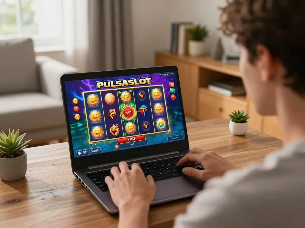 PULSASLOT SLOT ONLINE TERPERCAYA gameplay in a cozy home, showcasing online slot excitement