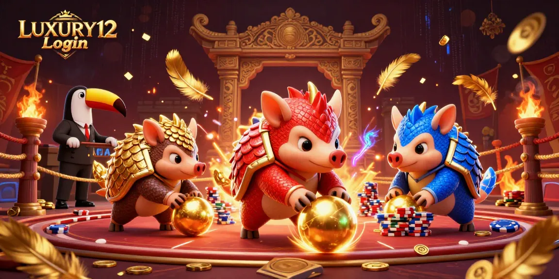 LUXURY12 Login showcases a dynamic scene with vibrant pangolins engaging in playful casino action.