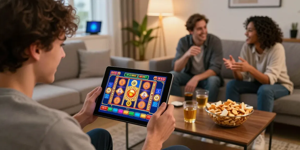 Menikmati pengalaman bermain game slot di Modal138 dengan tablet, menampilkan Daftar Modal138 dan suasana ceria bersama teman.