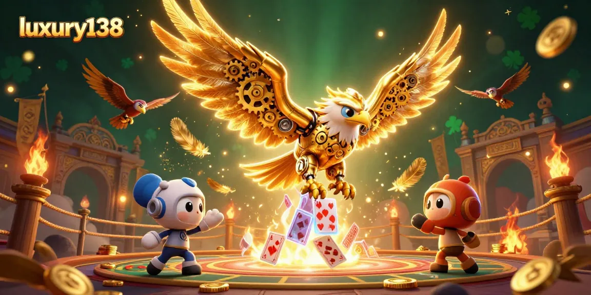 Experience luxury138's thrilling casino diversity with a golden eagle soaring through holographic gaming cards.