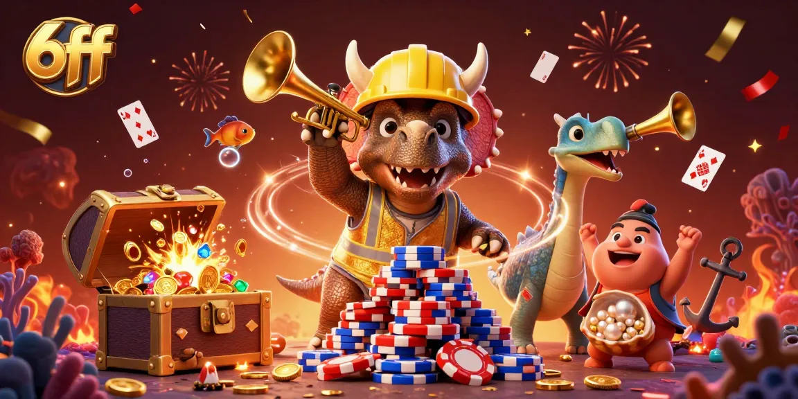 Experience the thrill of 6ff while a triceratops builds poker chips amidst a festive casino scene.