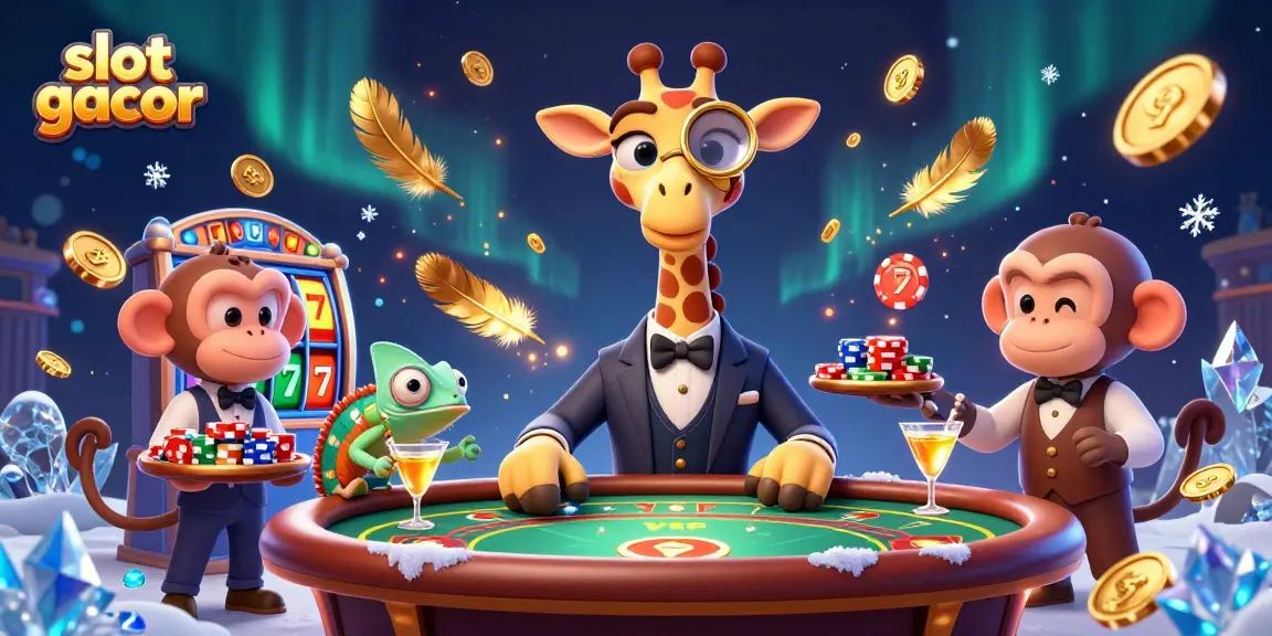 Experience slot gacor with a high-roller giraffe at a vibrant casino scene full of dynamic elements.