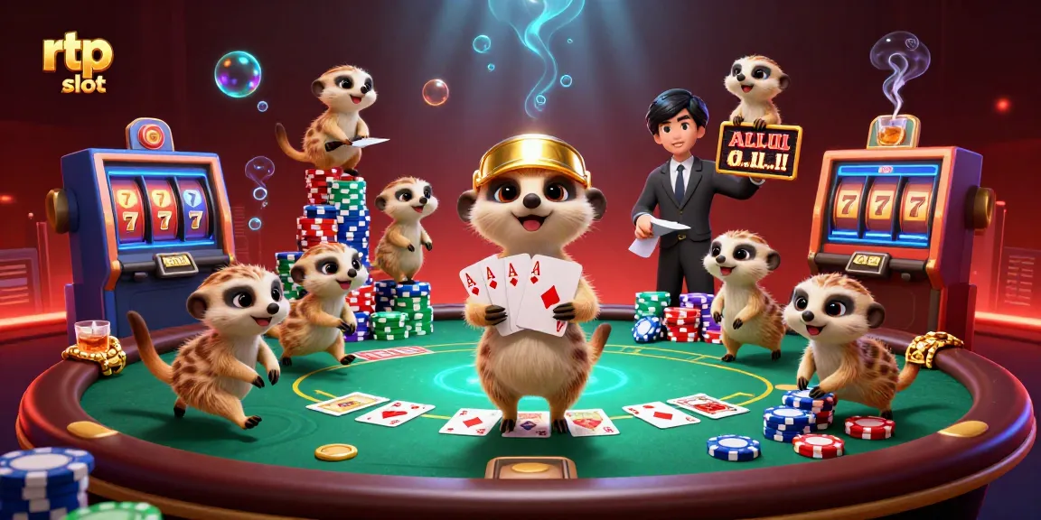 Experience thrilling rtp slot action in a vibrant meerkat-run casino scene with poker chips and excitement.