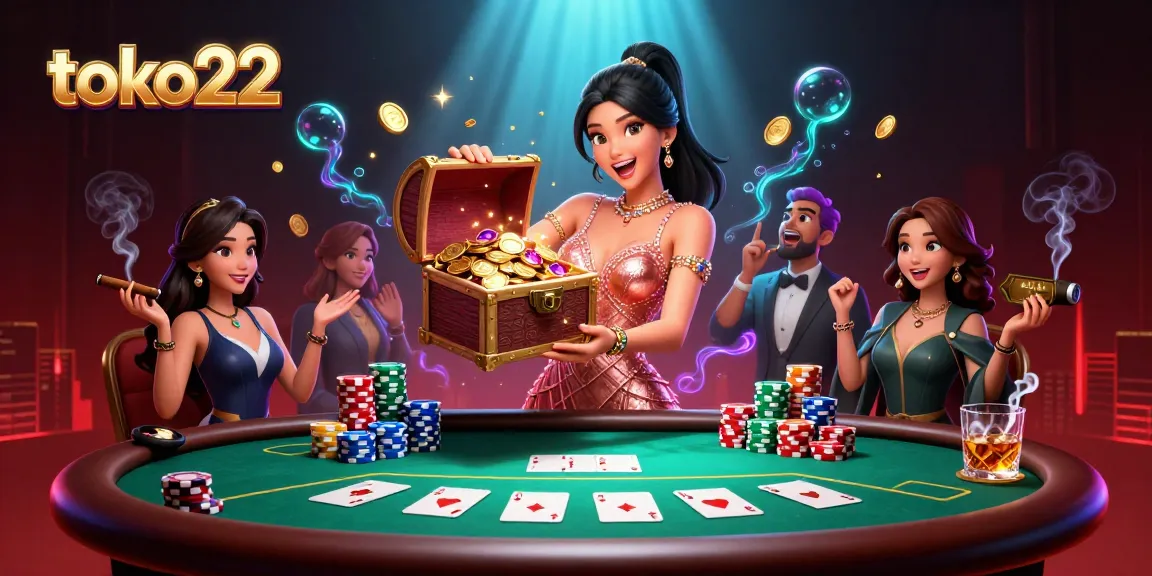 Engage in thrilling poker action with toko22, featuring a luxurious Asian hostess showcasing treasures amid dramatic casino elements.