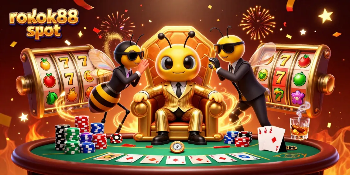 Experience exciting action in rokok88 slot as vibrant slot reels and poker elements surround a bumblebee mob boss.