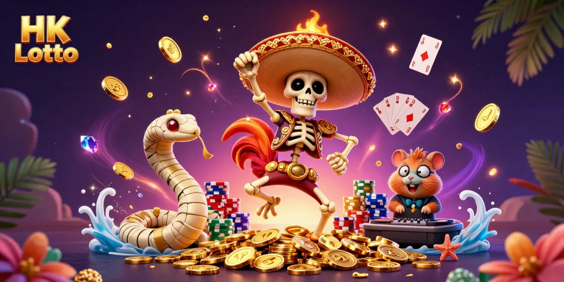 Celebrate HK Lotto with vibrant skeleton mariachi rooster and lively casino elements.