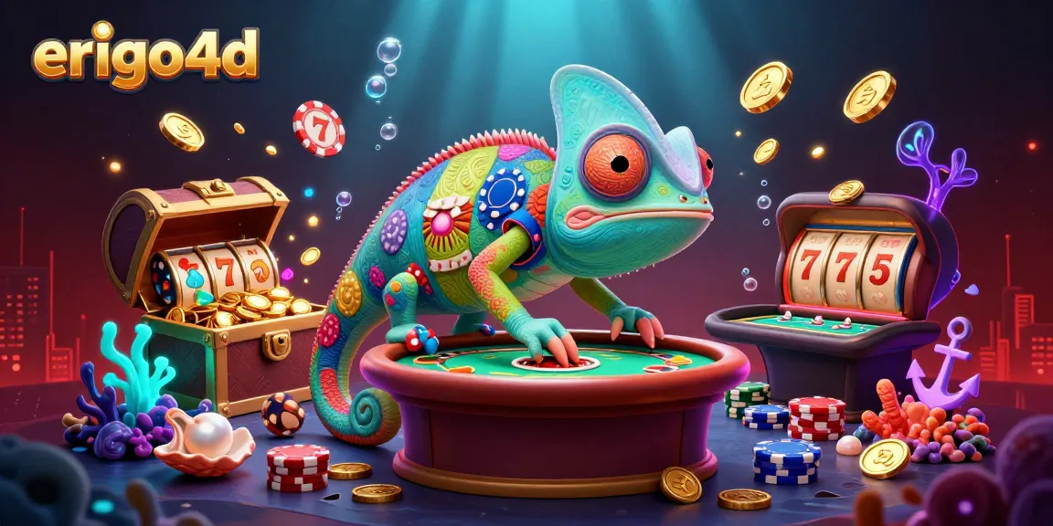 Engage with erigo4d's vibrant casino scene featuring a dynamic chameleon owner alongside thrilling slot reels.