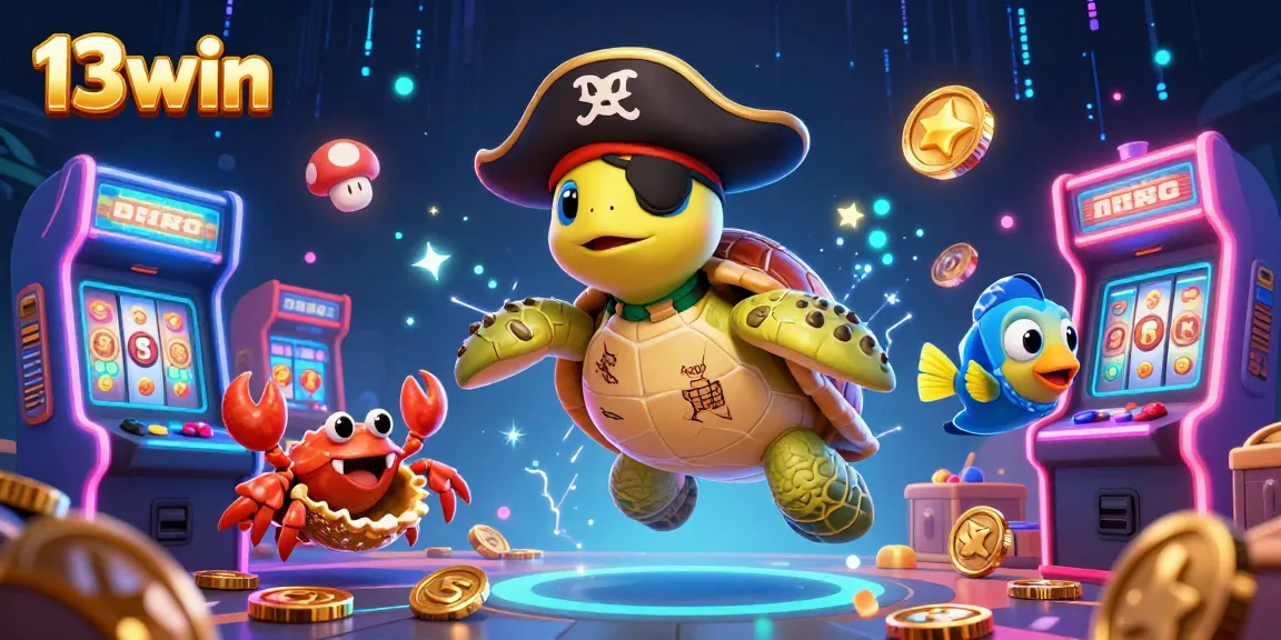 Immerse in the vibrant world of 13win, where cartoon characters celebrate casino wins among slot machines and treasures.