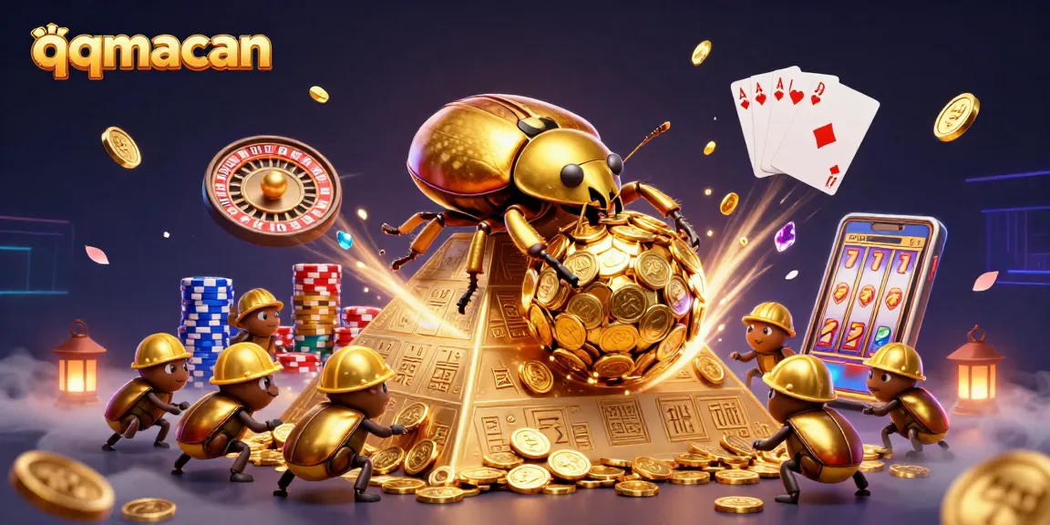 Engage with qqmacan as the golden dung beetle rolls coins and jackpots soar in this vibrant casino scene.